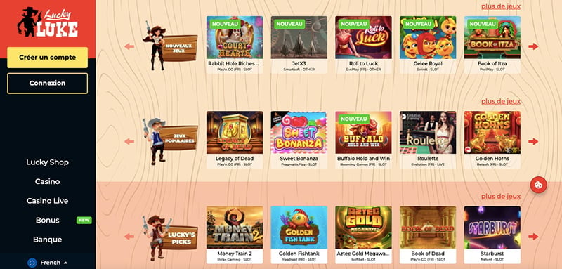 capture d'écran du casino lucky luke interface