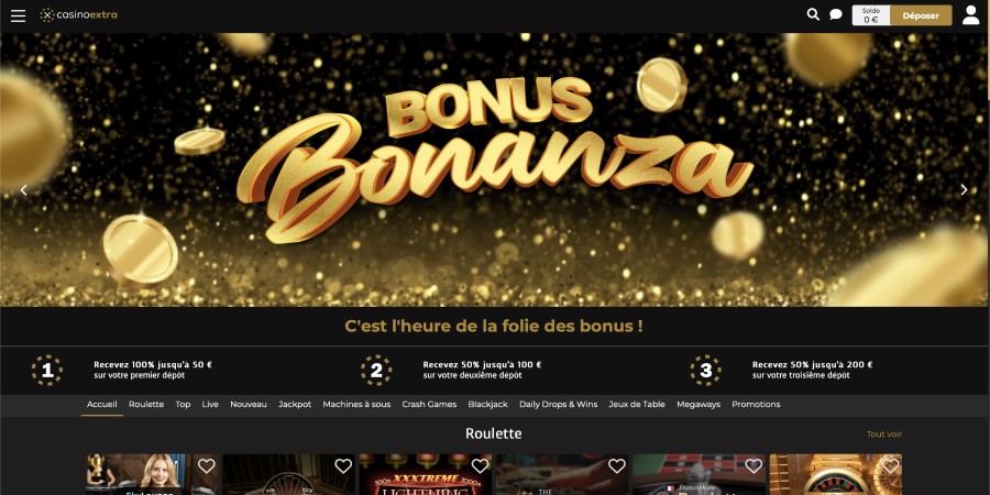 Capture d'écran Casino Extra - page d'accueil