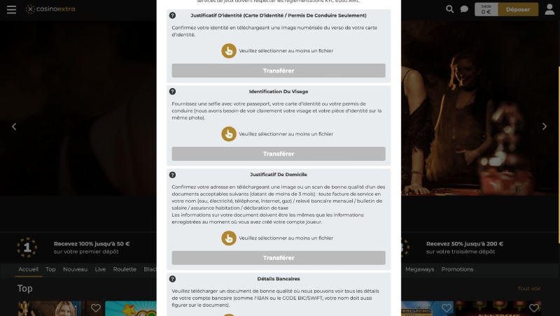 Capture d'écran Casino Extra - vérification des documents
