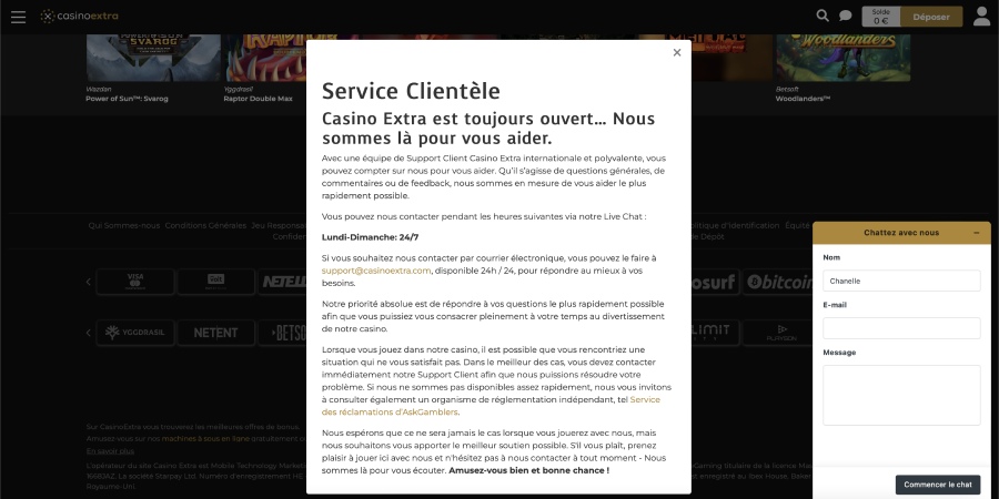 Capture d'écran Casino Extra - service clientèle